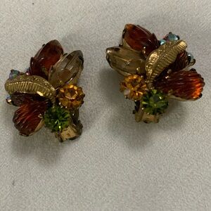 West Germany Cluster Rhinestones with Gold Tone clip on Earrings
